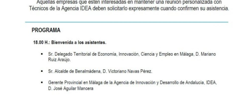 Presentación de incentivos de la Junta de Andalucía para empresas, el 13 de noviembre